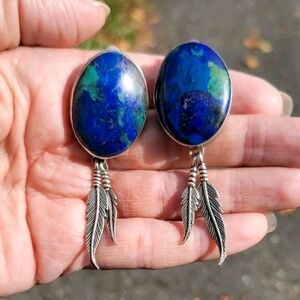 Vtg Native American Sterling Silver Azurite Clip Ons 2.75"  12g Ea Signed JLG